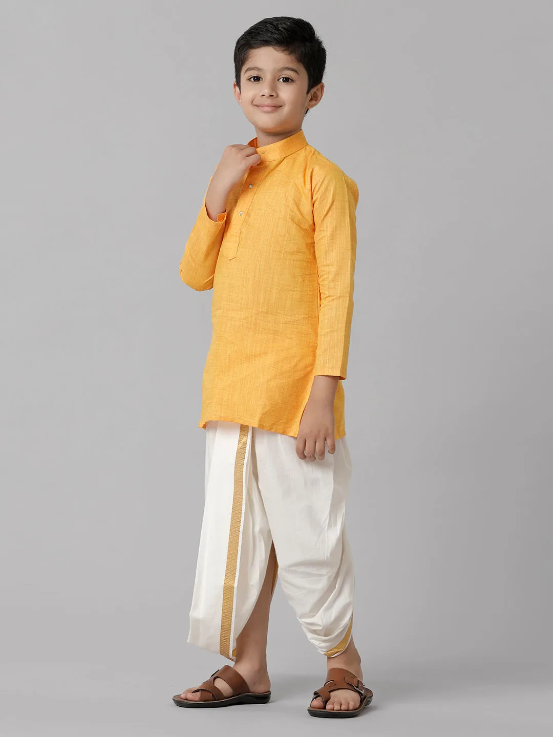 Boys Cotton Yellow Kurta with Cream Elastic Panchakacham Towel Combo FS1