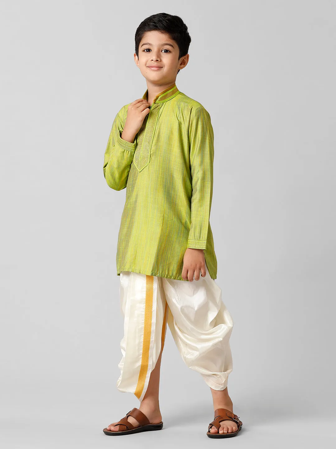 Boys Emerald Cotton Parrot Green Kurta with Cream Readymade Art Silk Panchakacham Combo EMD5