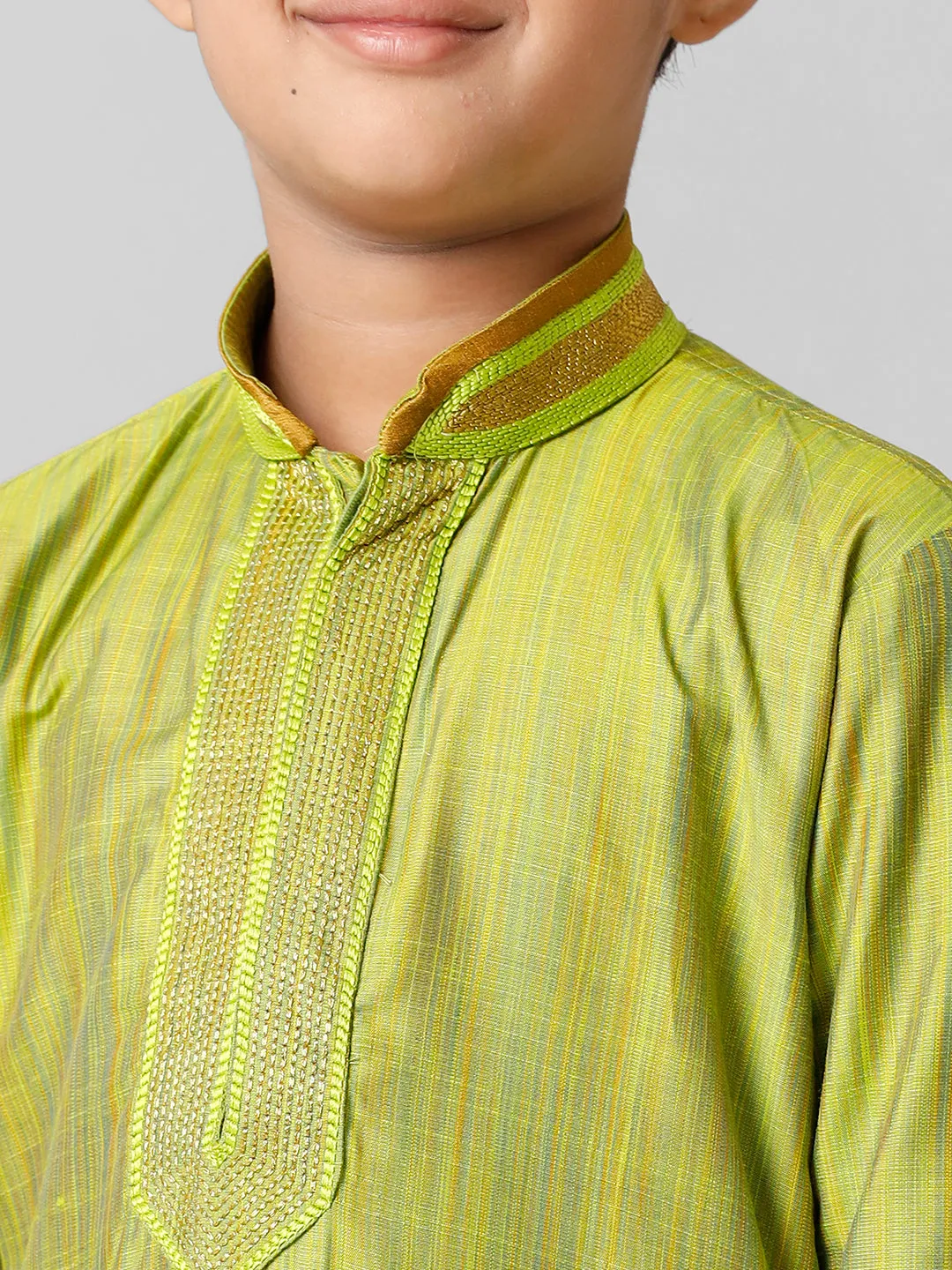 Boys Emerald Cotton Parrot Green Kurta with Cream Readymade Art Silk Panchakacham Combo EMD5