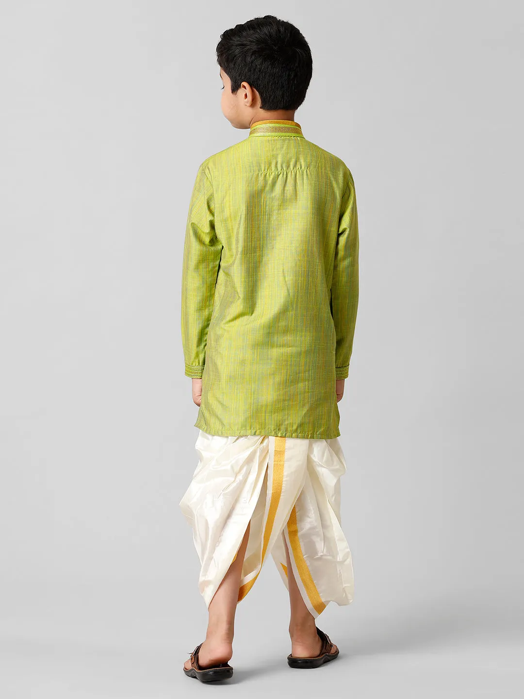 Boys Emerald Cotton Parrot Green Kurta with Cream Readymade Art Silk Panchakacham Combo EMD5