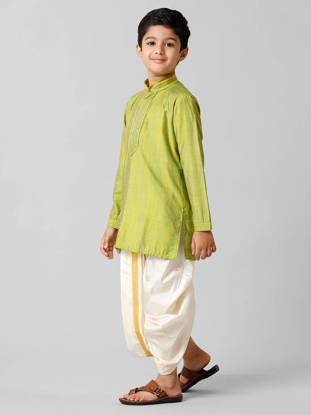 Boys Emerald Cotton Parrot Green Kurta with Cream Readymade Art Silk Panchakacham Combo EMD5