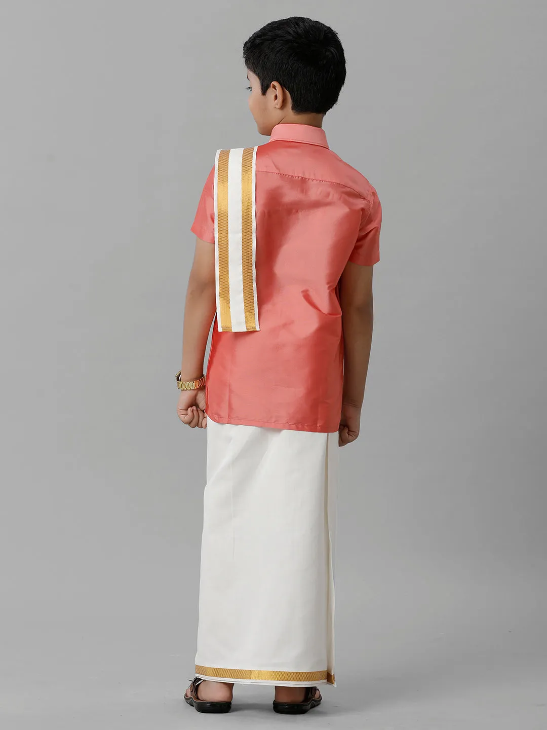 Boys Silk Cotton Pink Half Sleeves Shirt with Adjustable Cream Dhoti Towel Combo K45