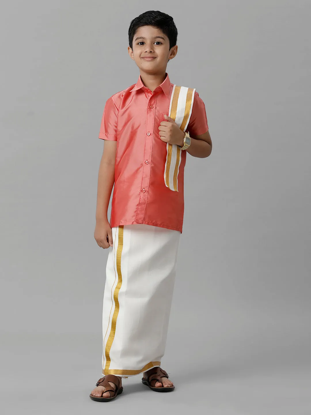 Boys Silk Cotton Pink Half Sleeves Shirt with Adjustable Cream Dhoti Towel Combo K45