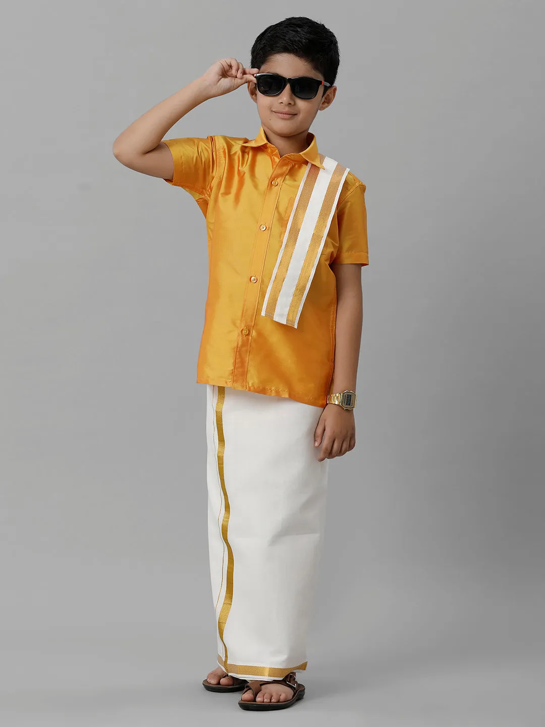 Boys Silk Cotton Yellow Half Sleeves Shirt with Adjustable Cream Dhoti Towel Combo K6