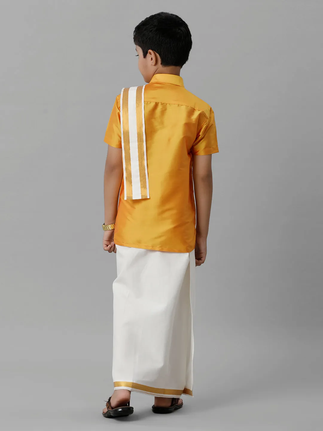 Boys Silk Cotton Yellow Half Sleeves Shirt with Adjustable Cream Dhoti Towel Combo K6