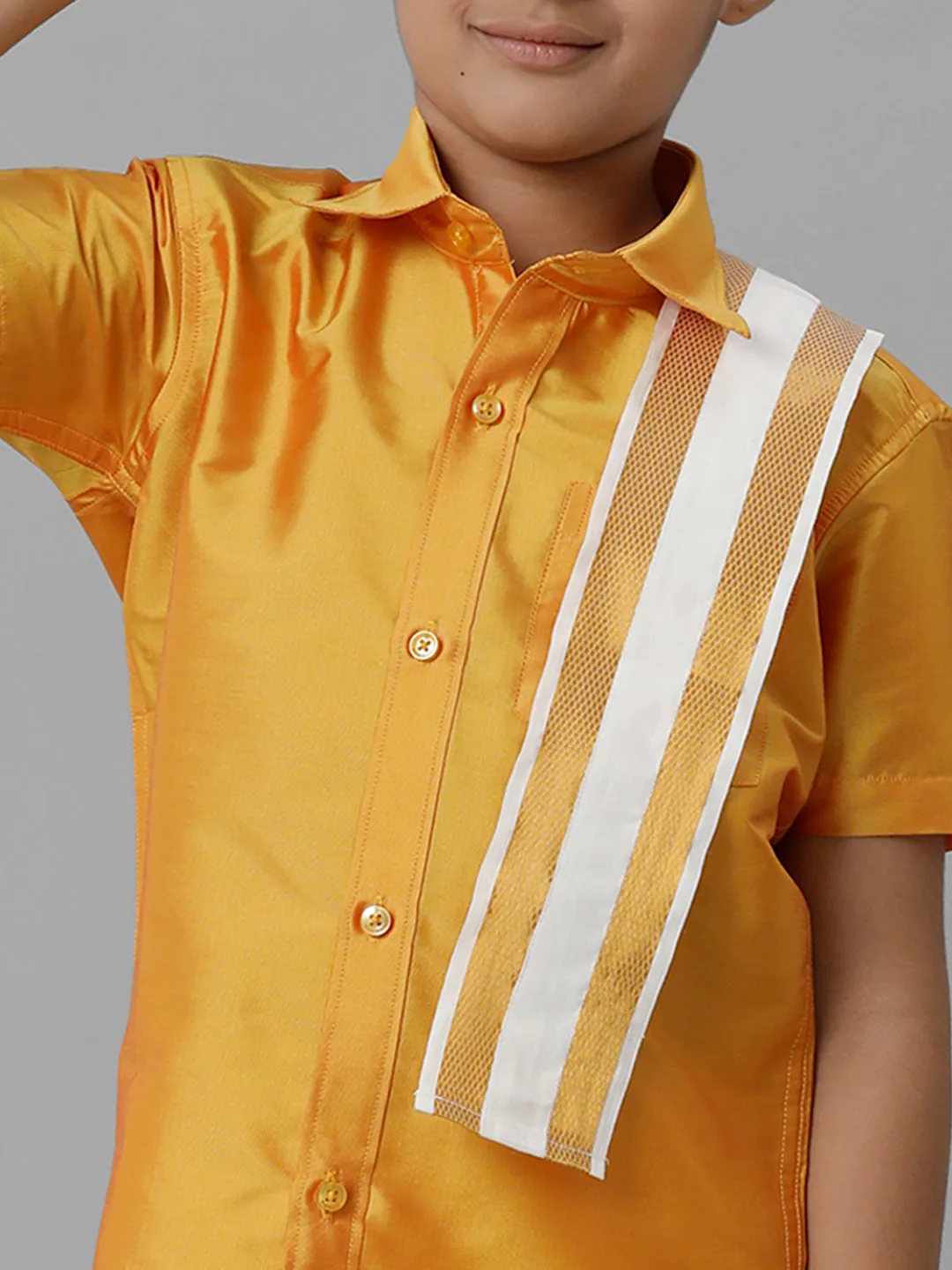 Boys Silk Cotton Yellow Half Sleeves Shirt with Adjustable Cream Dhoti Towel Combo K6