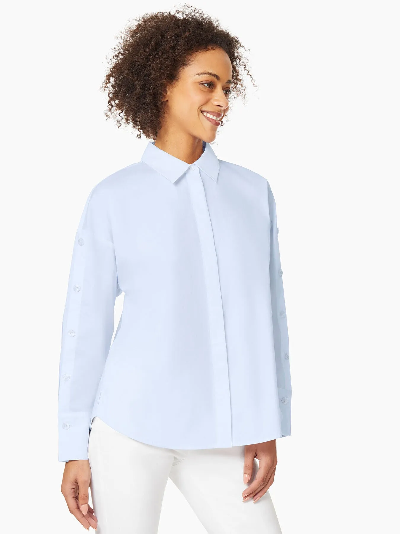 Button Sleeve Drop Shoulder Cotton Poplin Shirt