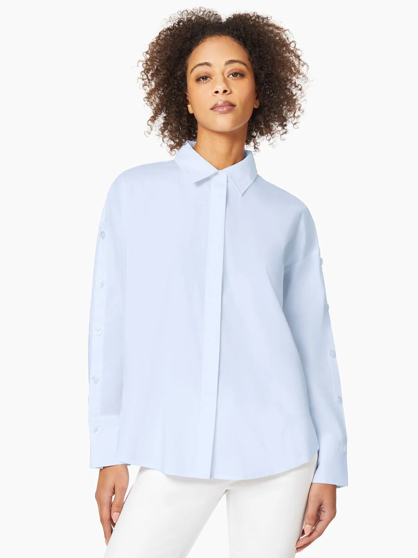 Button Sleeve Drop Shoulder Cotton Poplin Shirt