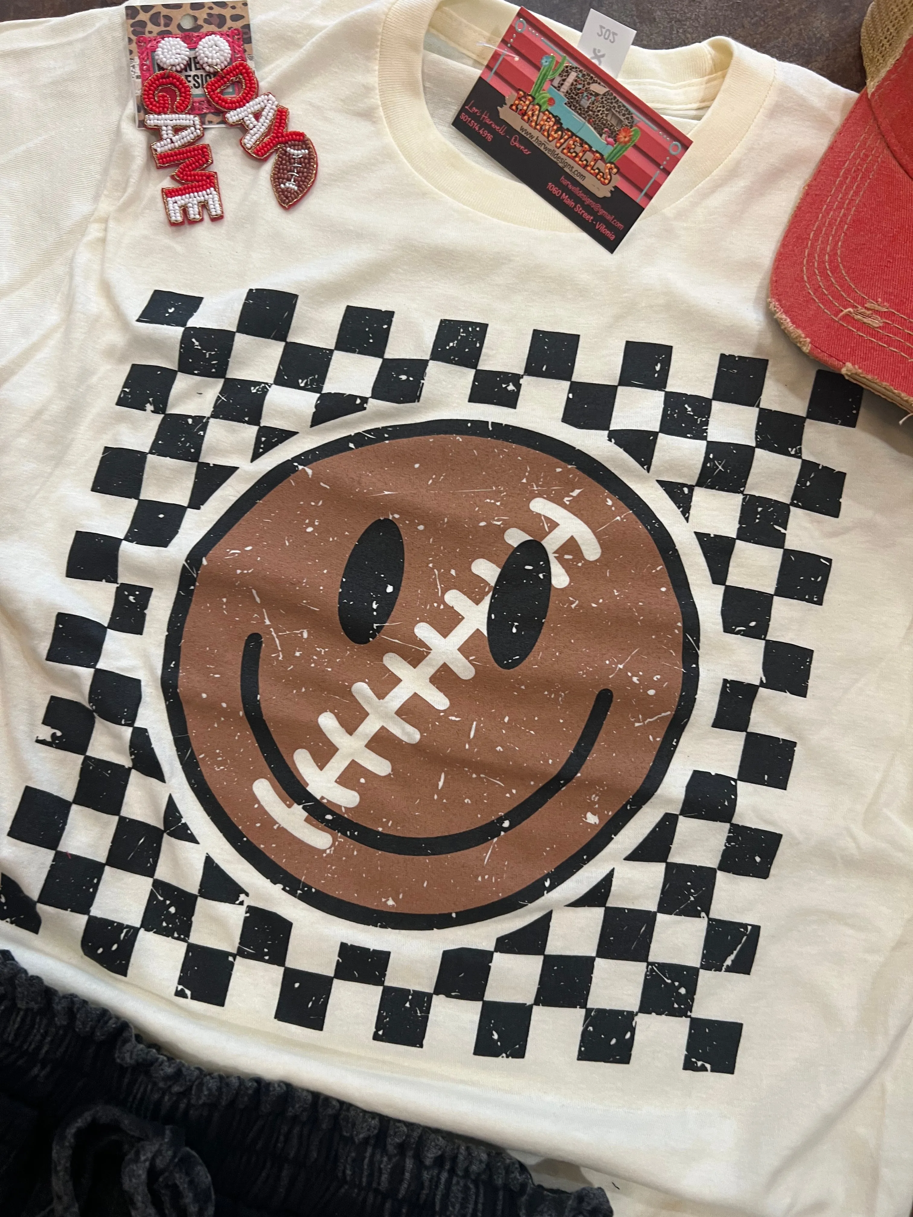 Checkered Football Smiley Tee