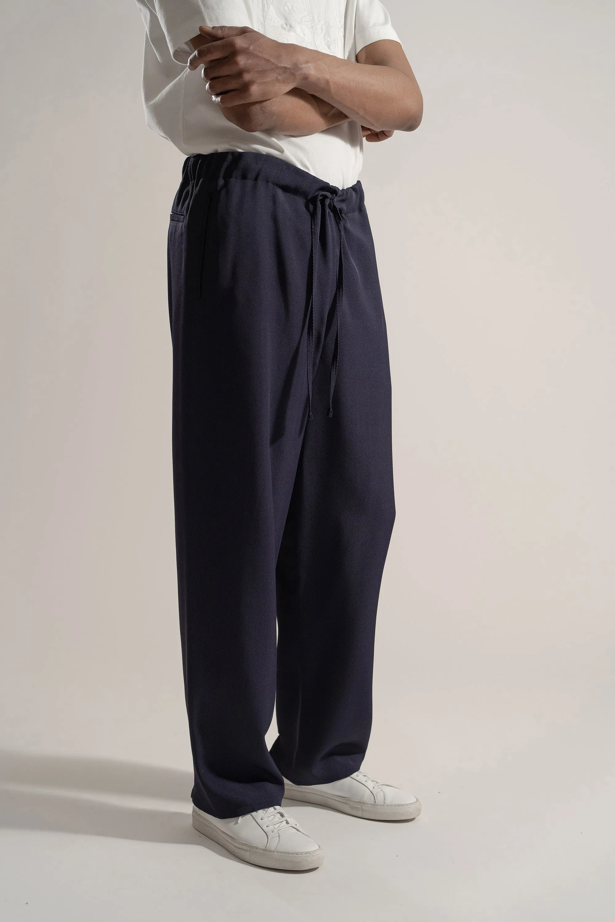 Classic Rayon Tricotine Drawstring Trouser in Navy