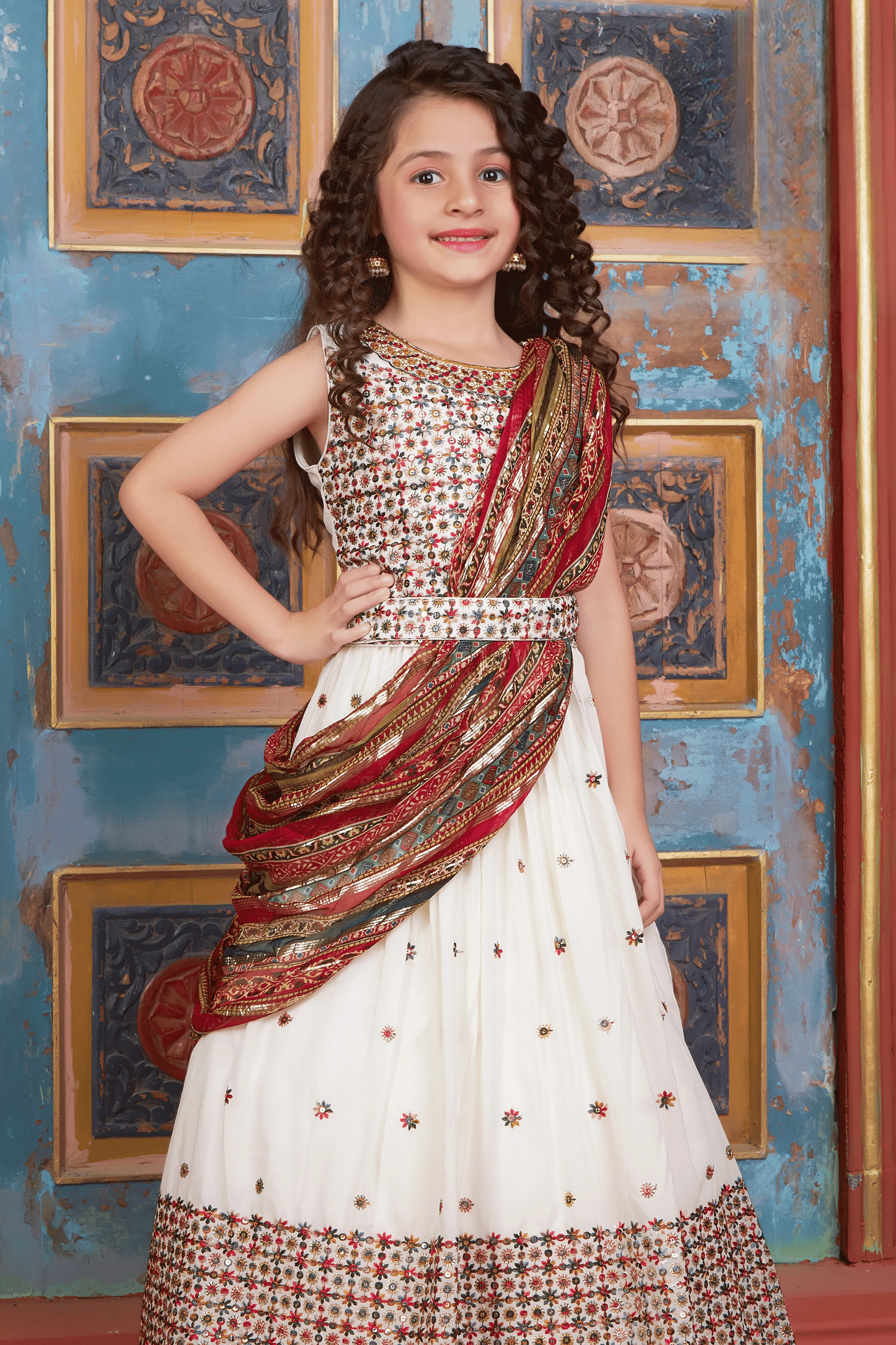 Cream Multicolor Thread, Sequins, Mirror, Stone  and Zardozi work Lehenga Choli for Girls