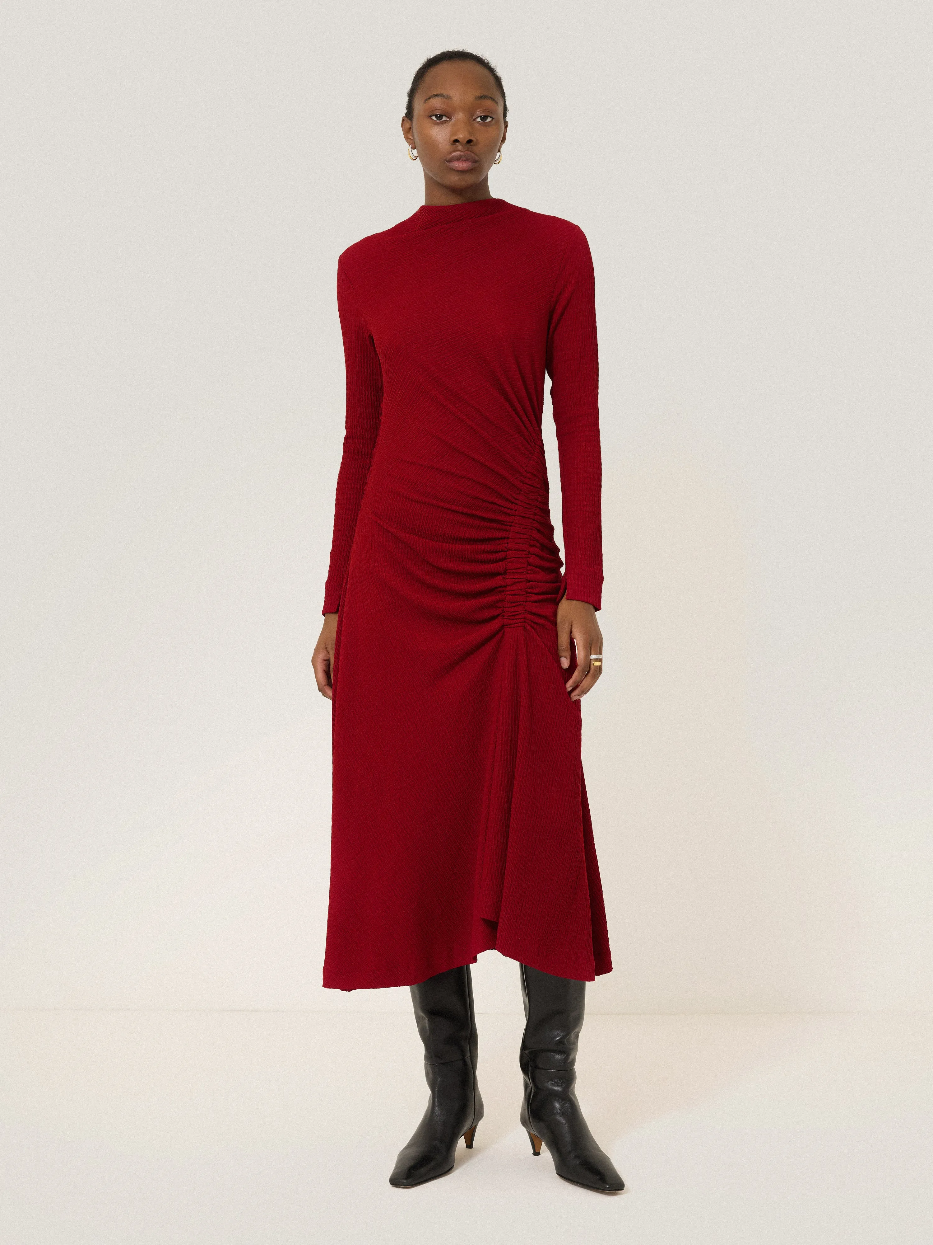 Crinkle Ruched Jersey Dress | Red