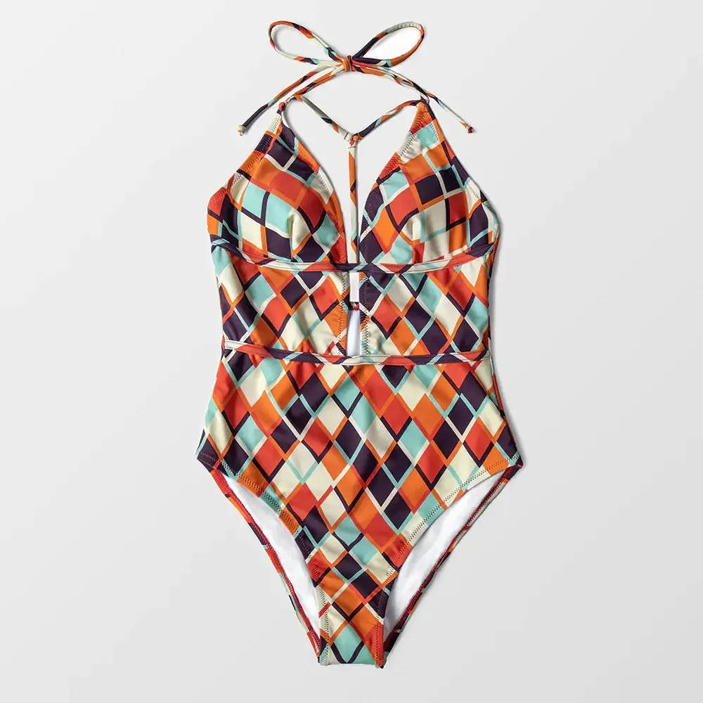 Domino Geometric-Print Halter One-Piece Swimsuit