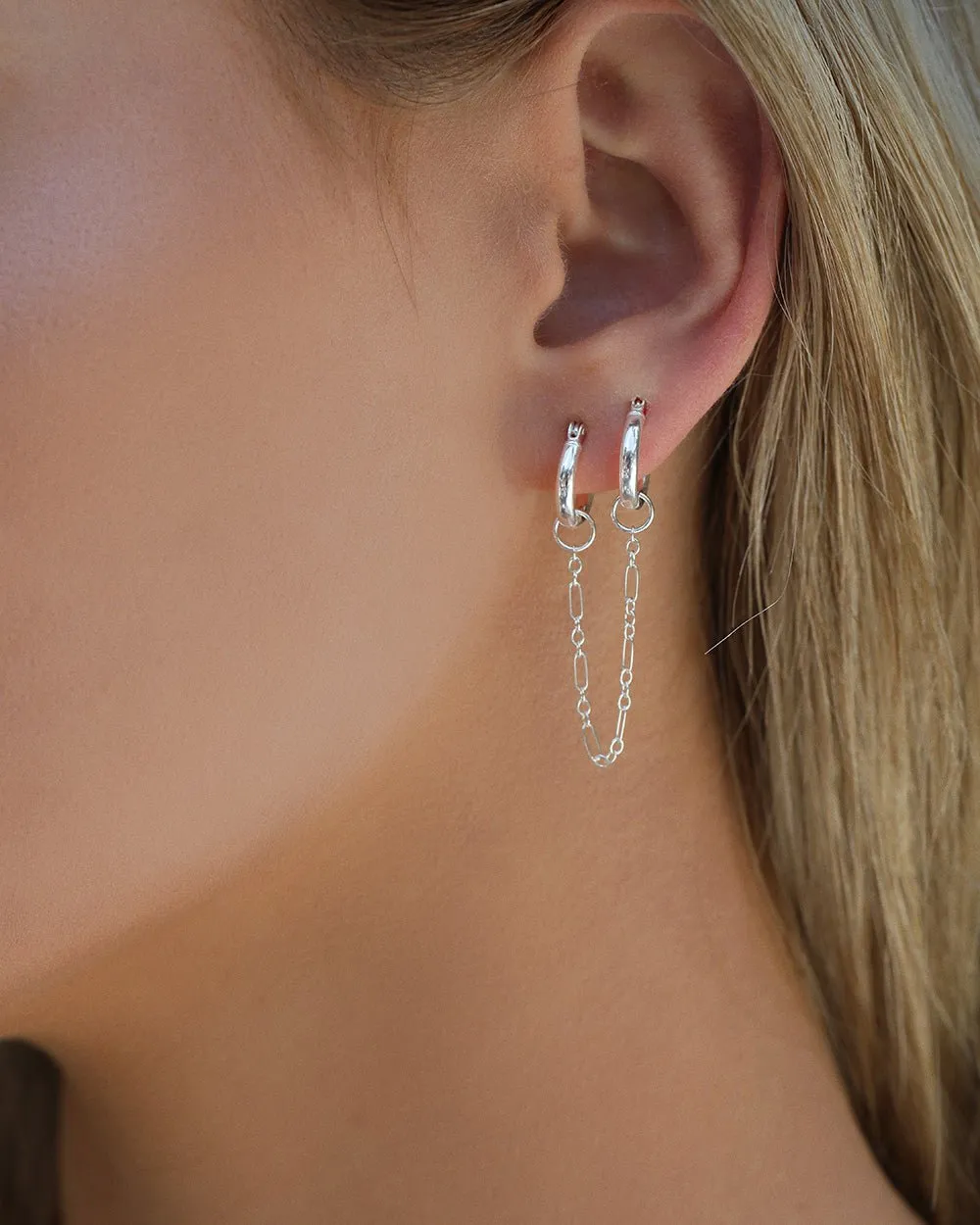 Double Piercing Small Thick Hoop Earrings  - Sterling Silver