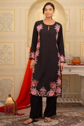 Falak Kashmiri Long Kurta In Black Muslin With Aari