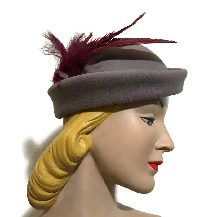 Felted Wool Grey Hat with Vivid Wine Colored Feathers circa 1940s