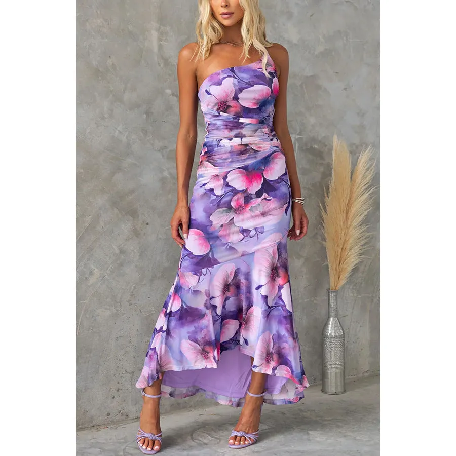 Floral Patterned One Shoulder Long Dress