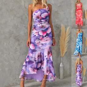 Floral Patterned One Shoulder Long Dress