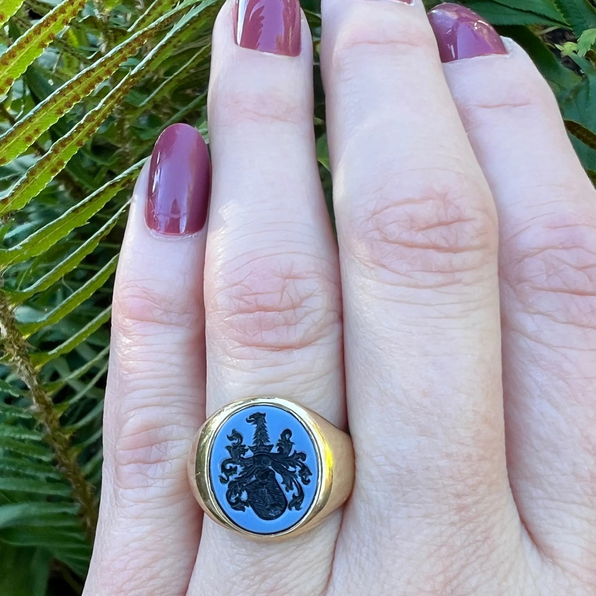 Heraldic Blazon Agate Intaglio in Gold Signet Ring