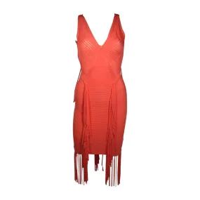 HERVE LEGER Orange Fringed Bodycon Dress Size XS