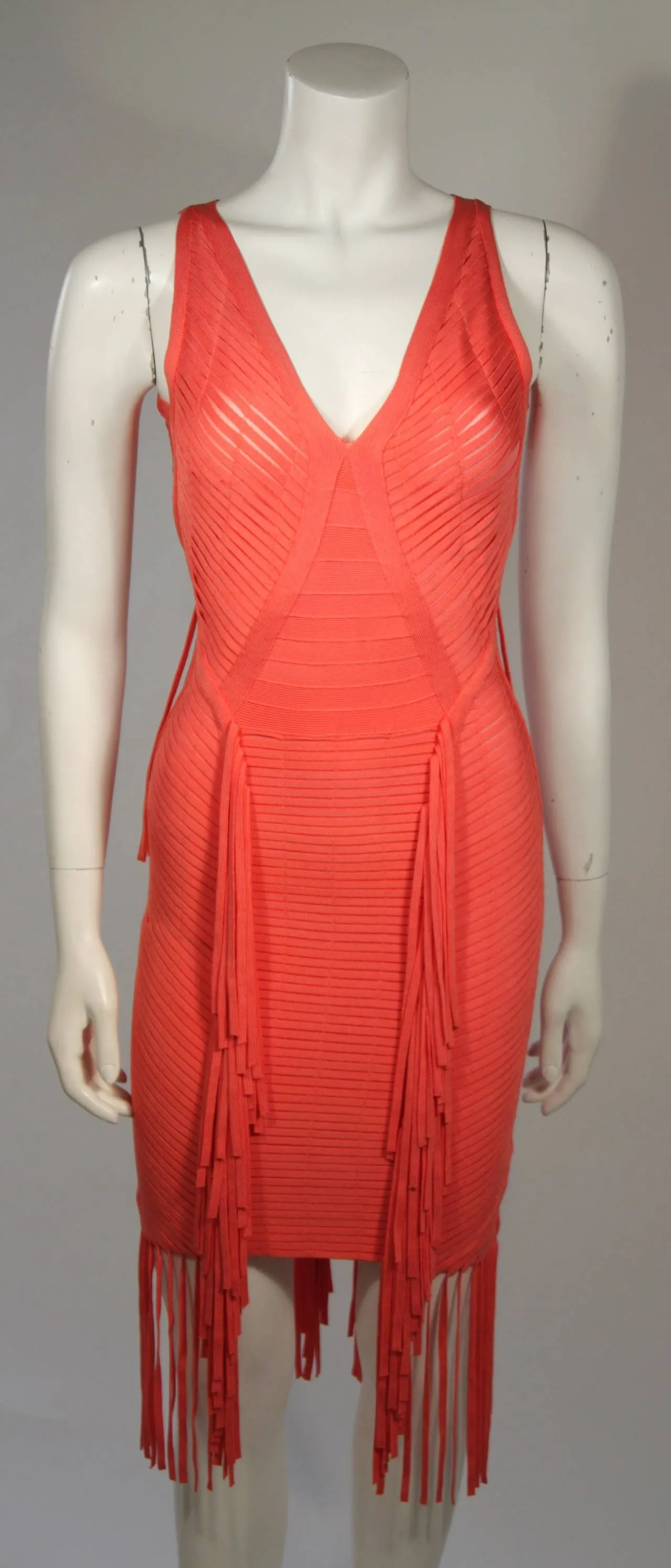 HERVE LEGER Orange Fringed Bodycon Dress Size XS