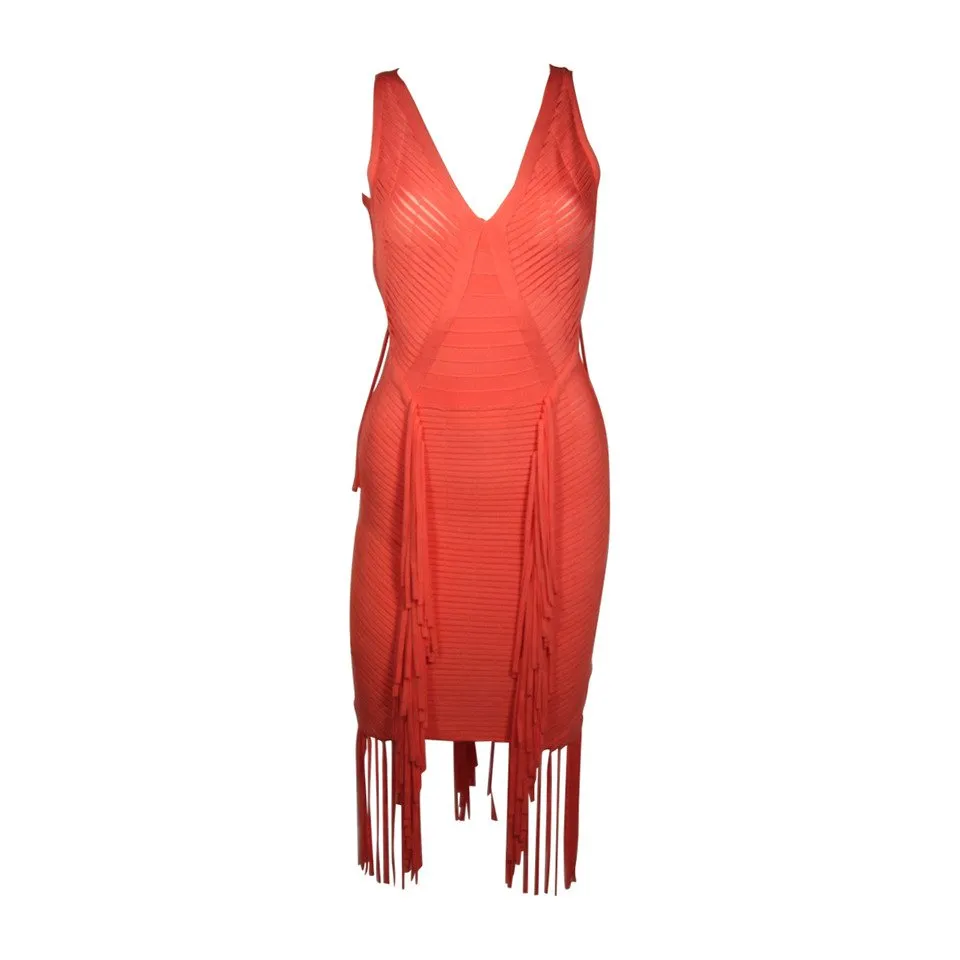 HERVE LEGER Orange Fringed Bodycon Dress Size XS