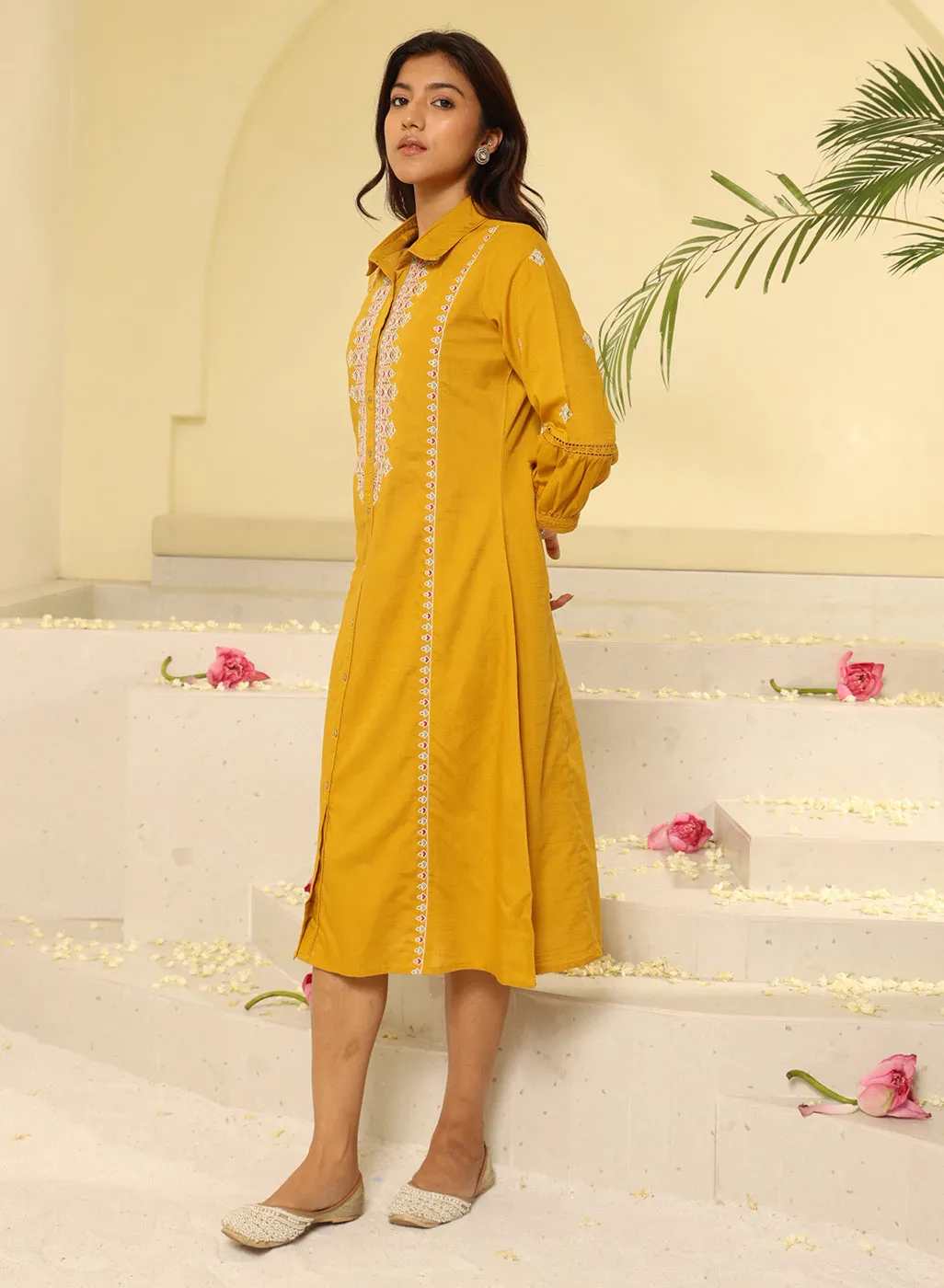 Honey Yellow Embroidered Ethnic Dress