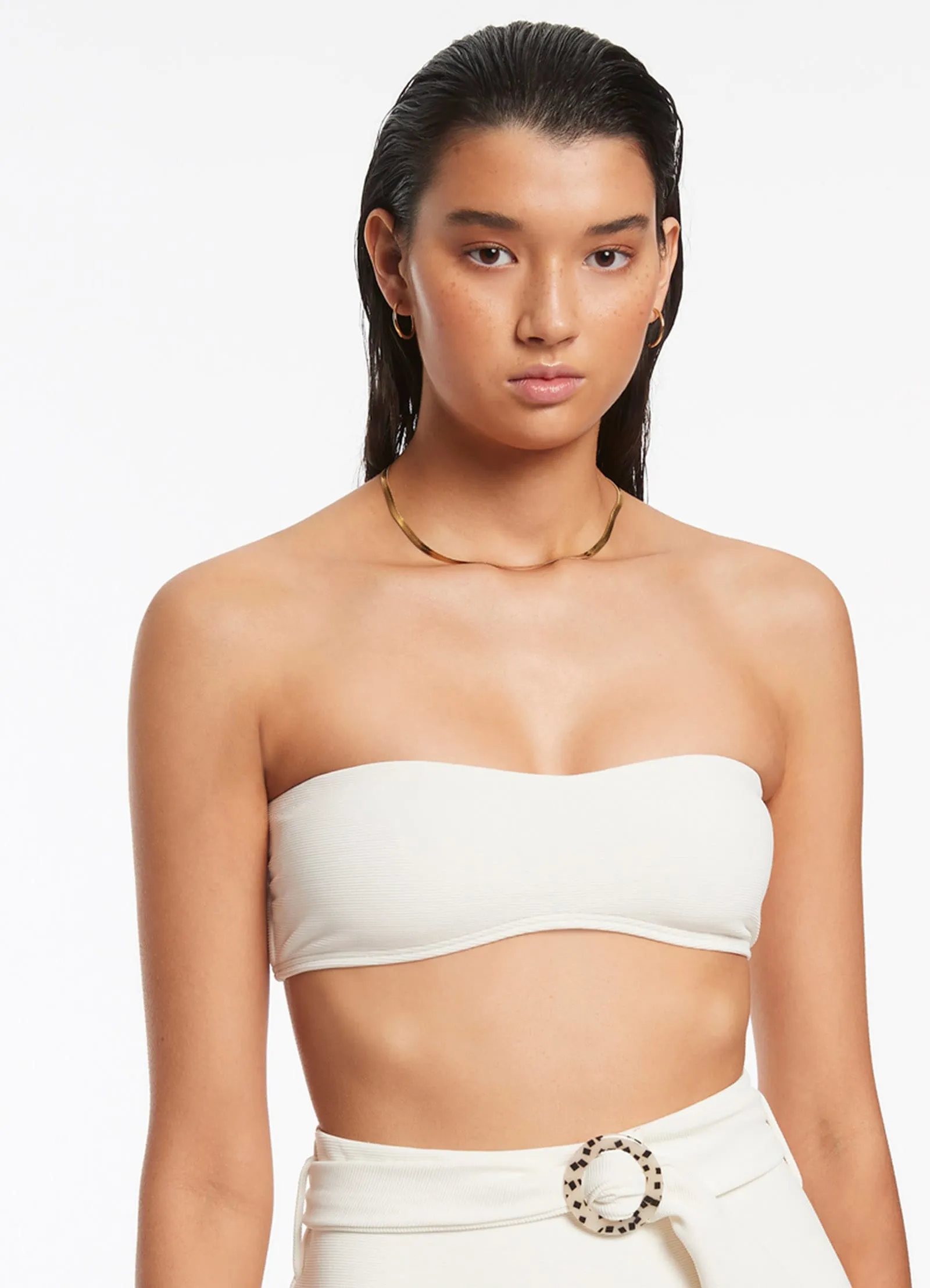 Isla Rib Minimal Bandeau Bikini Top - Cream