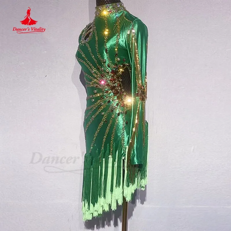 Latin Dance Competition Suit Green Diamond Performance Costume Adult Female Rumba Chacha Tango Latin Dance Black Pool Dresses