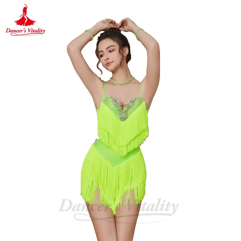 Latin Dance Fringe Dress for Women Seinor AB Stones Rumba Chacha Tango Performance Costume Skirt Adult Child Latin Wear Dresses