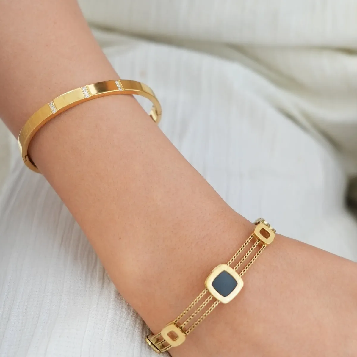 Linear Stone Bangle Bracelet - Gold