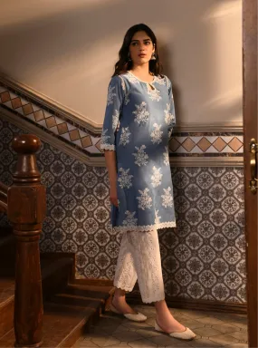 Mulmul Cotton Ayda Denim Kurta With Mulmul Cotton Vertical Boring Emb White Pant