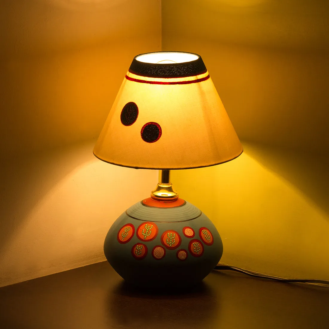 'Oasis In Light' Matki Shaped Handpainted Table Lamp In Terracotta (13 Inch)