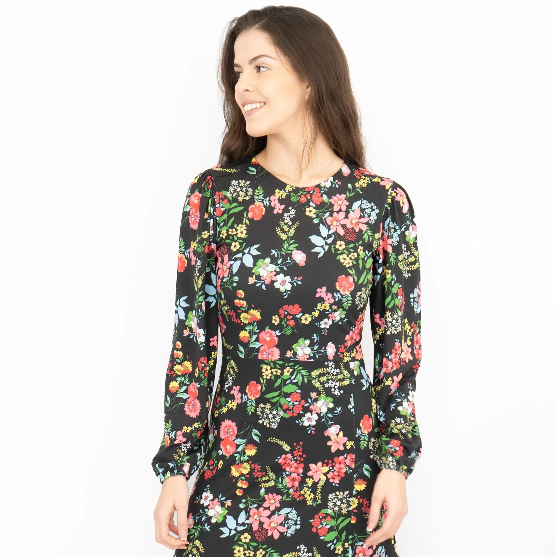 Oasis Slinky Black Jersey Floral Long Sleeve Split Midi Dress