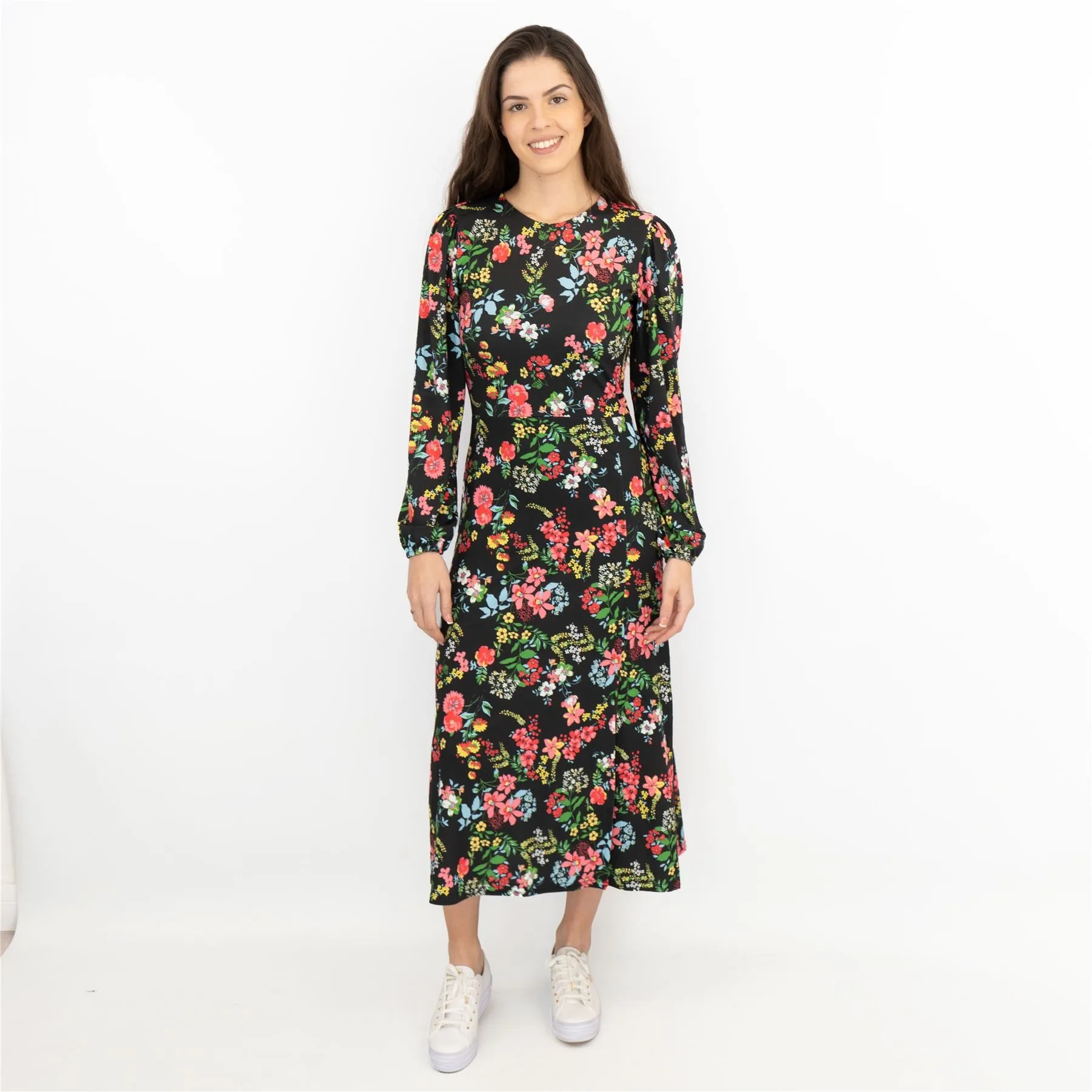 Oasis Slinky Black Jersey Floral Long Sleeve Split Midi Dress