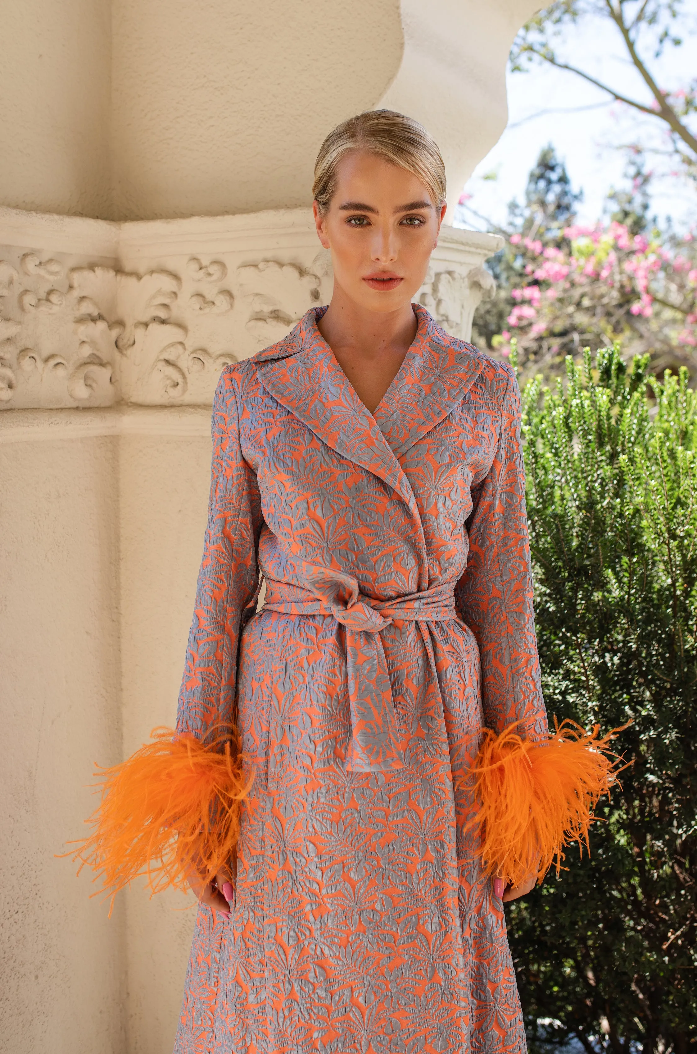 Orange Jacqueline Coat №22 With Detachable Feathers Cuffs