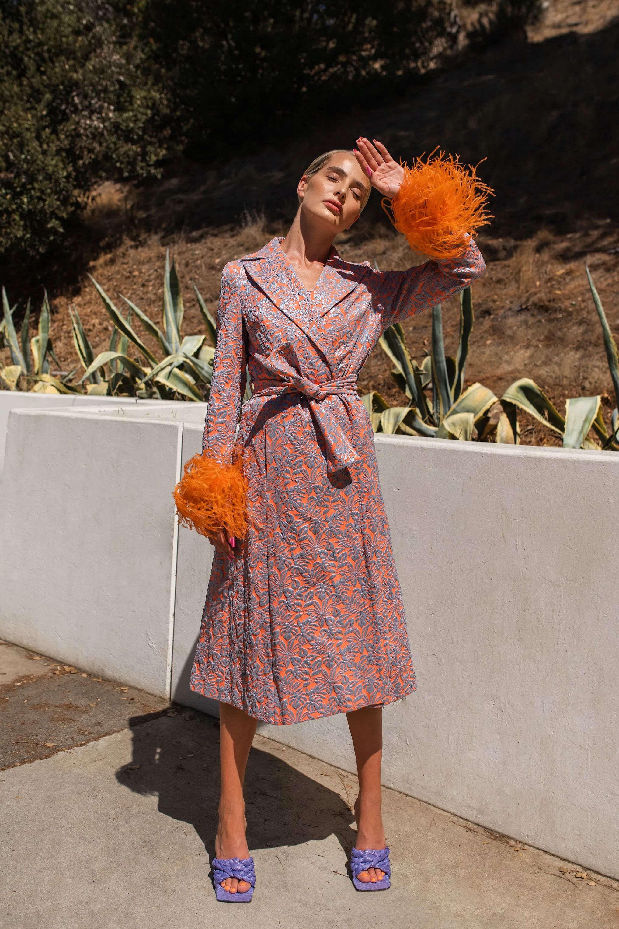 Orange Jacqueline Coat №22 With Detachable Feathers Cuffs