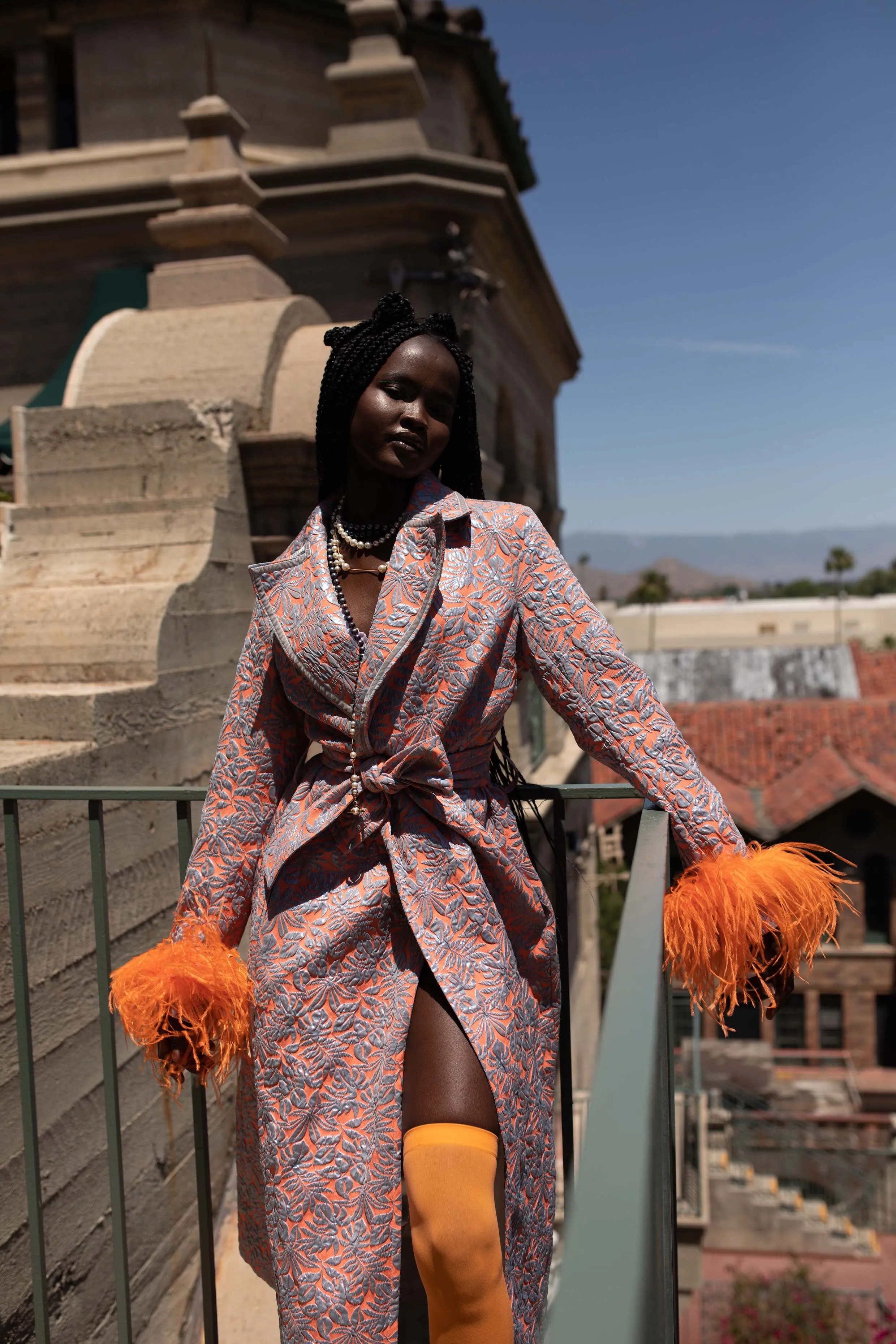 Orange Jacqueline Coat №22 With Detachable Feathers Cuffs