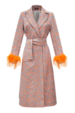 Orange Jacqueline Coat №22 With Detachable Feathers Cuffs