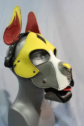 Our "Fire Box" Boxer style Pup hood in red and yellow