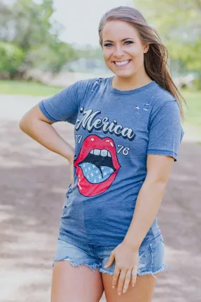 "Merica 1776" Lip and Tongue Graphic Laser Cut Top in Midnight Blue