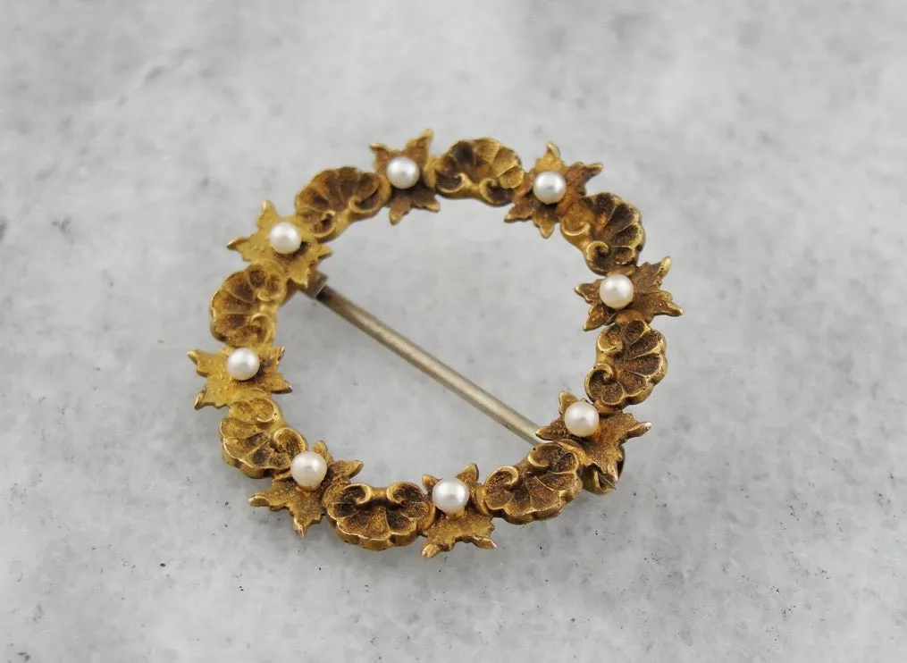 *RESERVED* Antique Floral Wreath Pin with Seed Pearls in Yellow Gold