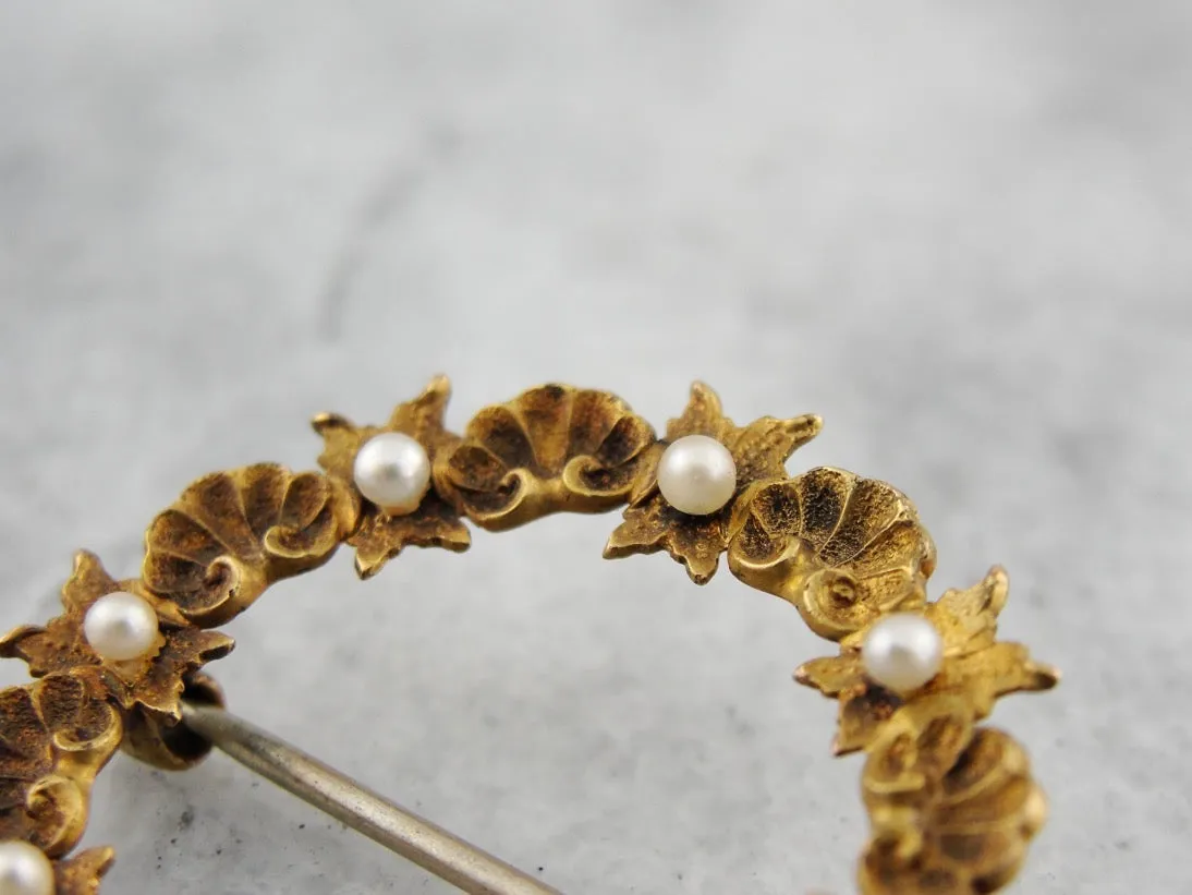 *RESERVED* Antique Floral Wreath Pin with Seed Pearls in Yellow Gold