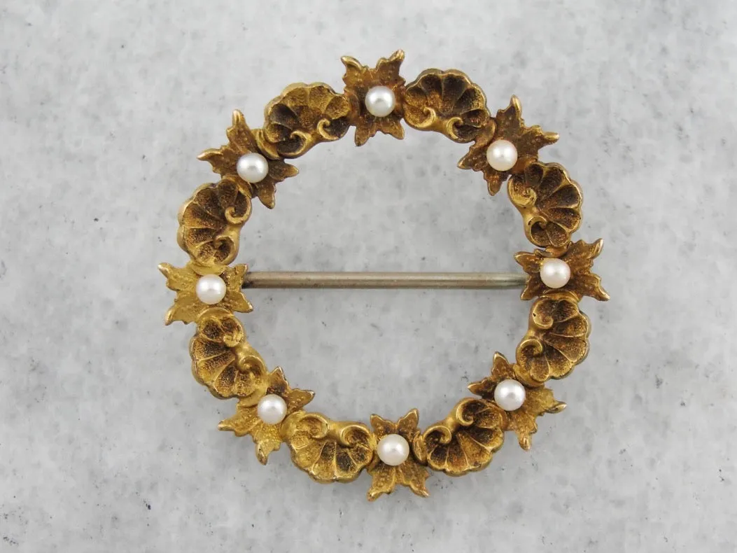 *RESERVED* Antique Floral Wreath Pin with Seed Pearls in Yellow Gold