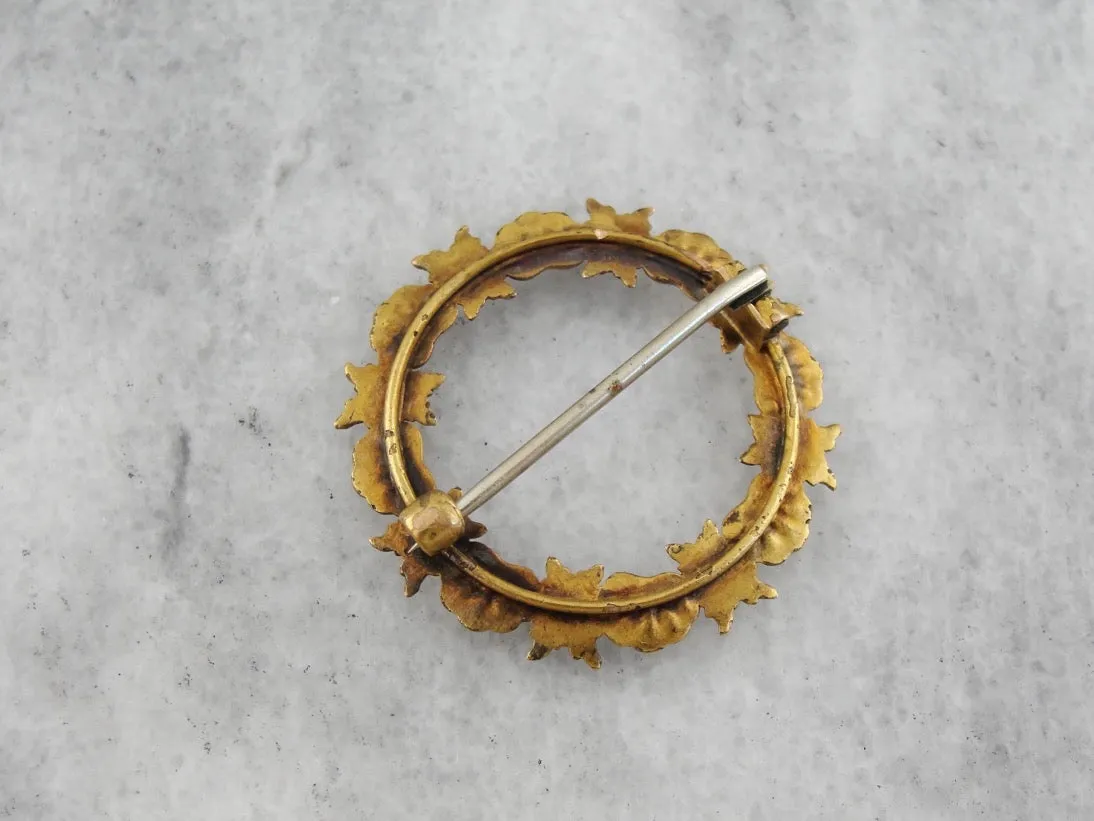 *RESERVED* Antique Floral Wreath Pin with Seed Pearls in Yellow Gold