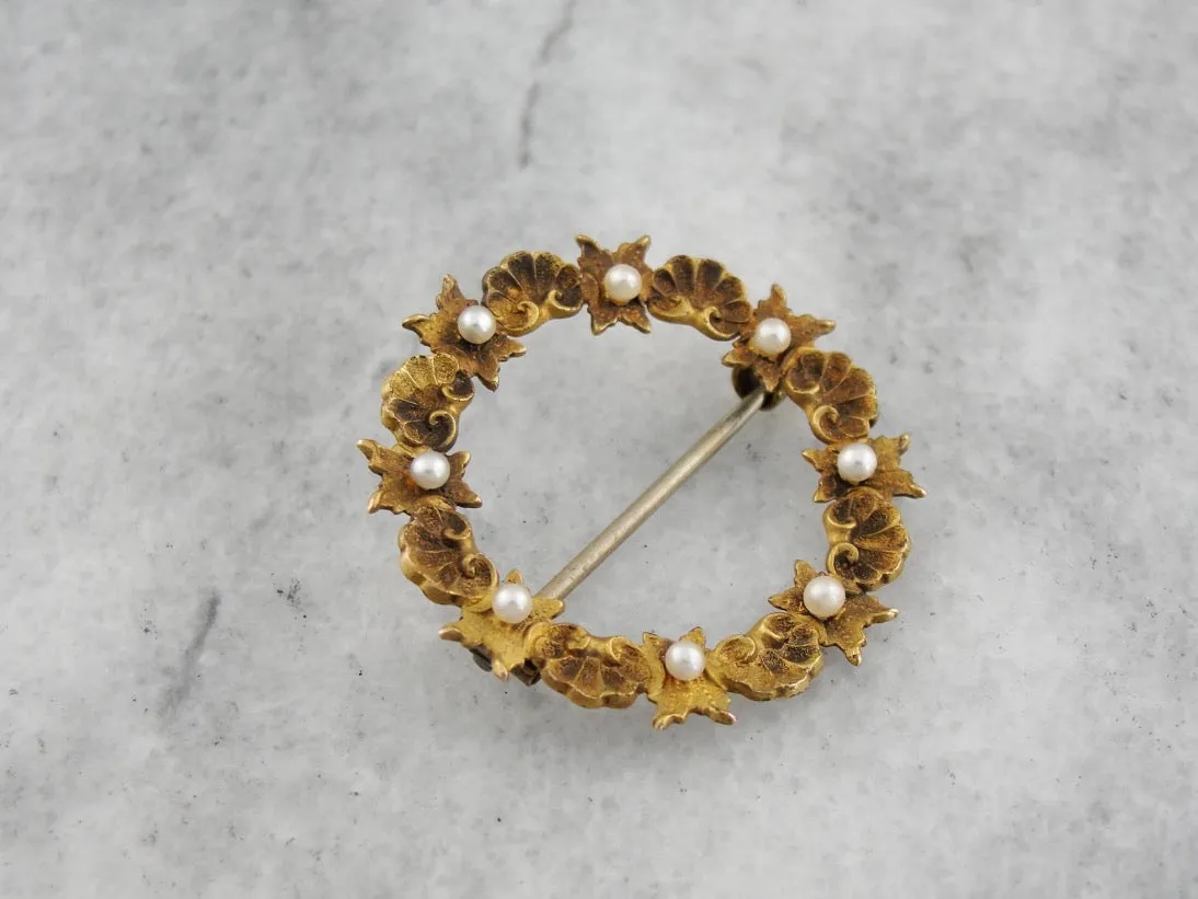 *RESERVED* Antique Floral Wreath Pin with Seed Pearls in Yellow Gold