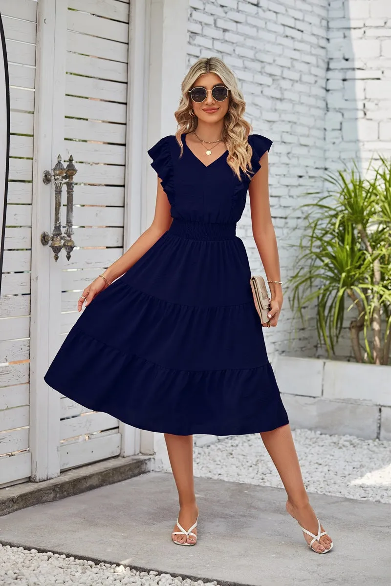 Ruffled Sleeveless V-Neck Dress Elastic Waist A-Line Dresses