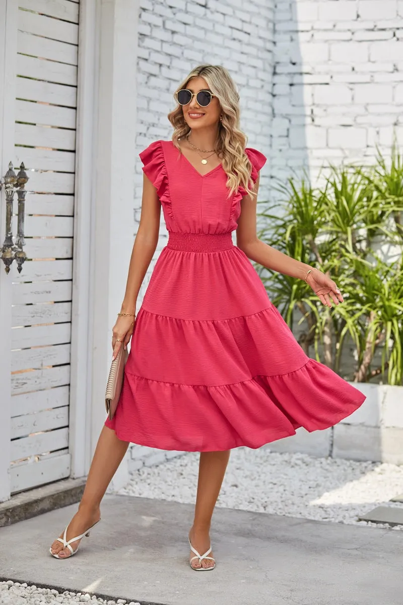 Ruffled Sleeveless V-Neck Dress Elastic Waist A-Line Dresses