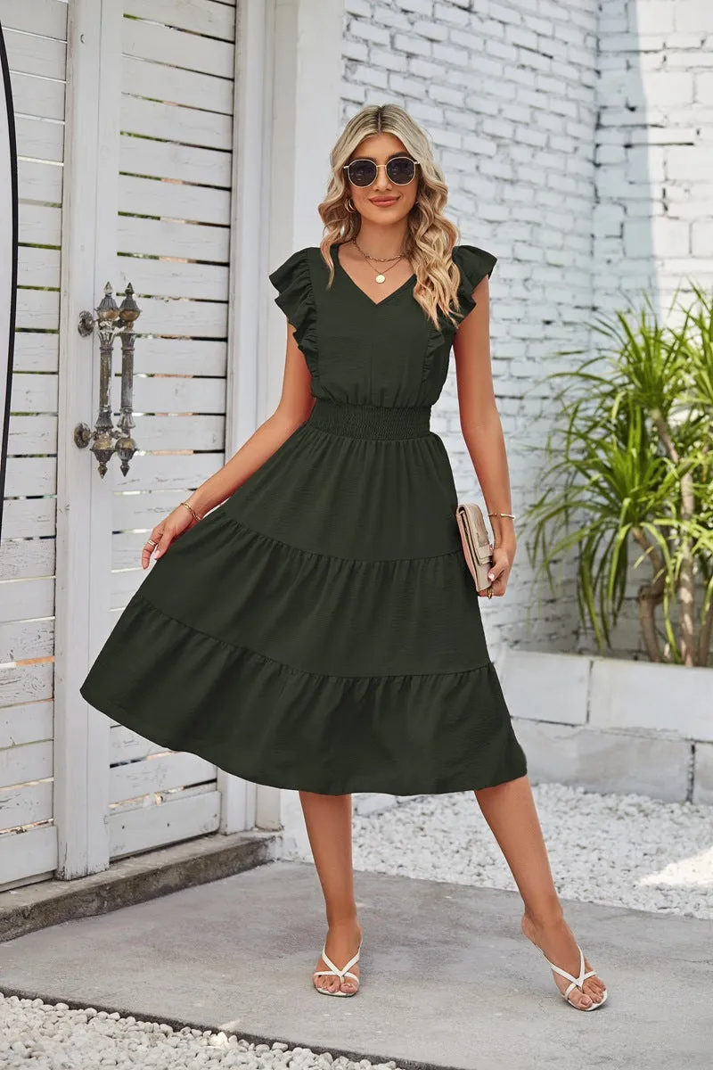 Ruffled Sleeveless V-Neck Dress Elastic Waist A-Line Dresses