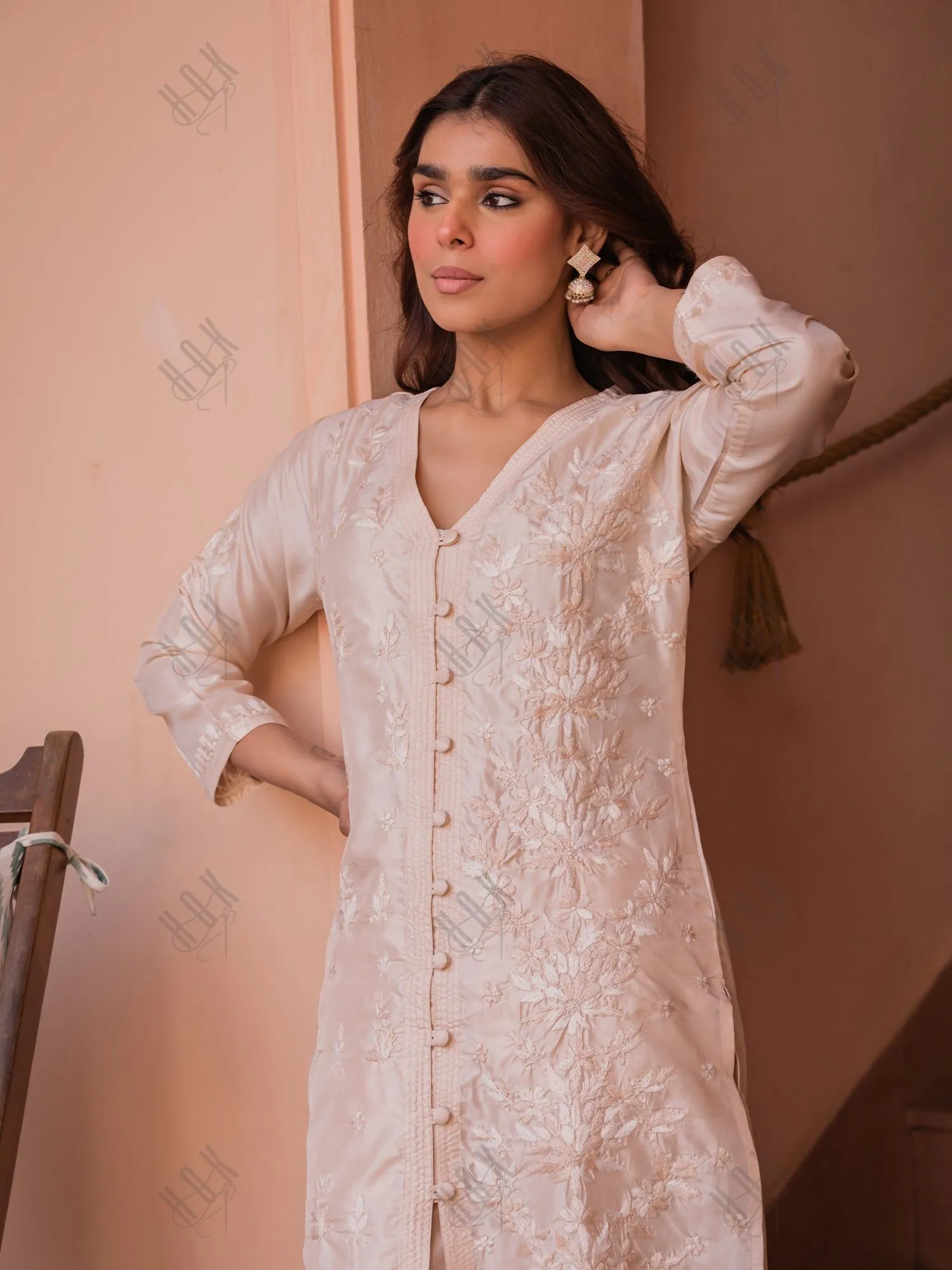 Saba Chikankari Kurta Set in Habutai Silk - Cream